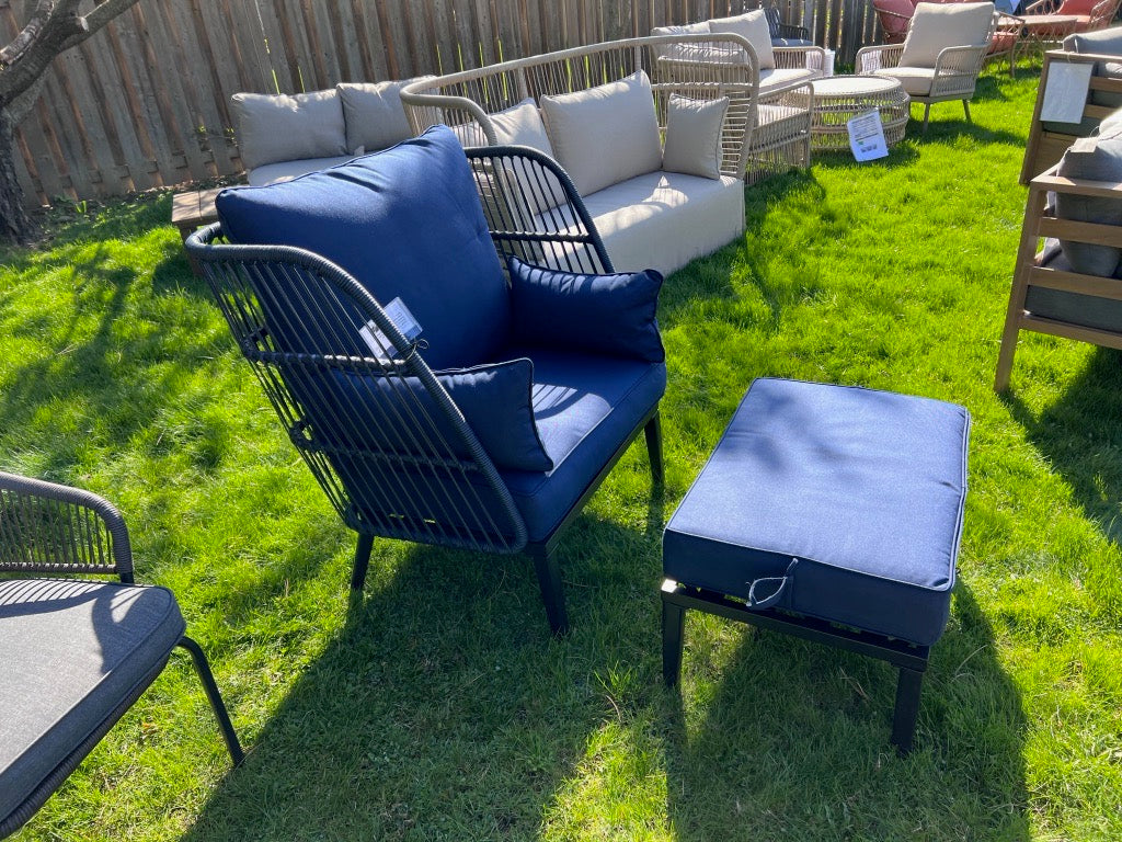 Navy Blue Wicker and Steel Large Chair and Ottoman with Olefin Fabric ...