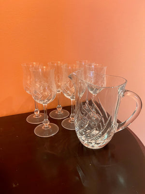 6 Crystal Wine Glasses + Crystal Pitcher