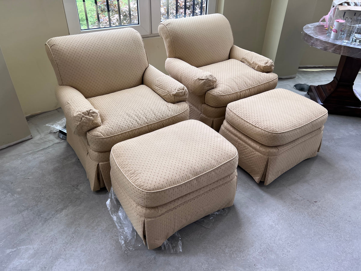 Pair of Drexel Heritage Upholstery Collection Armchairs + Ottomans