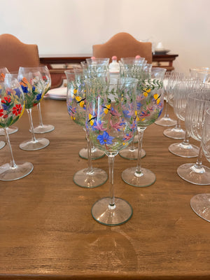 9 Floral Hand Painted White Wine Glasses
