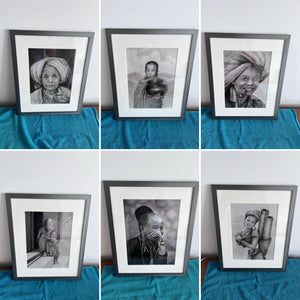 6 Original Charcoal Drawings from Myanmar/Burma, Framed in Toronto