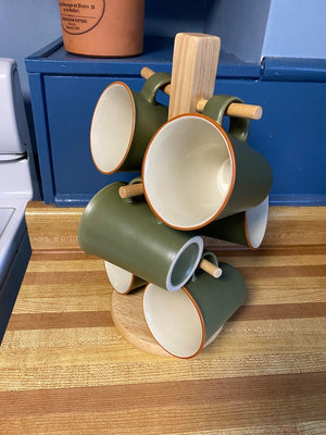 6 Green Mugs + Stand