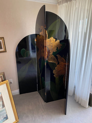 4 Panel Black Lacquer Floral Screen- Made in Hong Kong