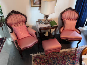 Pair of Pink Silk Antique Chairs + Foot Stool