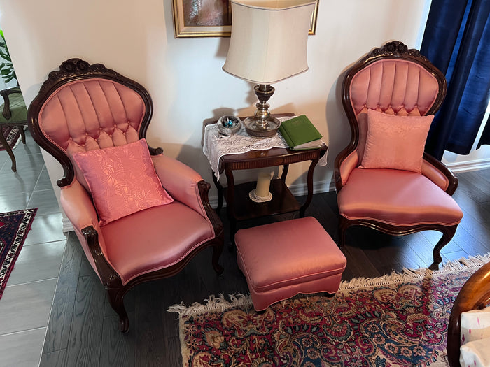 Pair of Pink Silk Antique Chairs + Foot Stool