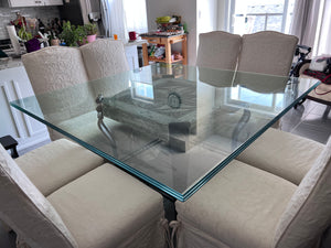 Beautiful Square Glass Top Wrought Iron Base Dining Table + 8 White Linen Chairs