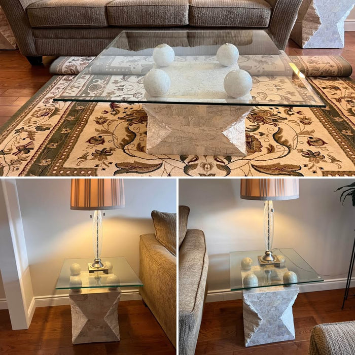 Postmodern Glass Top Tessellated Faux Stone Coffee Table + 2 Side Tables