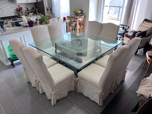 Beautiful Square Glass Top Wrought Iron Base Dining Table + 8 White Linen Chairs