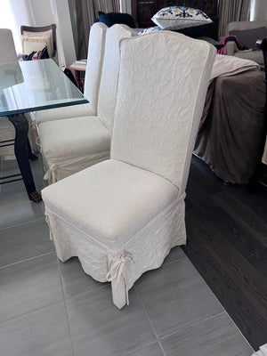 Beautiful Square Glass Top Wrought Iron Base Dining Table + 8 White Linen Chairs