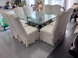 Beautiful Square Glass Top Wrought Iron Base Dining Table + 8 White Linen Chairs