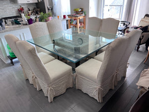 Beautiful Square Glass Top Wrought Iron Base Dining Table + 8 White Linen Chairs