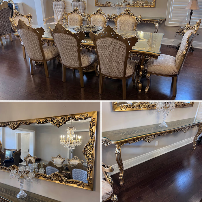 Beautiful 'Paradise Home Decor Furniture' Gold Wood Carved Dining Table + 8 Matching Chairs, Console Table & Mirrors