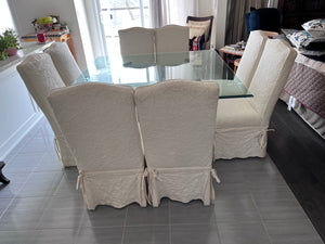 Beautiful Square Glass Top Wrought Iron Base Dining Table + 8 White Linen Chairs