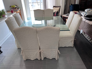 Beautiful Square Glass Top Wrought Iron Base Dining Table + 8 White Linen Chairs