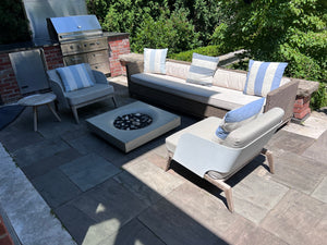 3 Piece Patio Set-- Restoration Hardware Sofa + 2 Mamagreen Kaat Teak Chairs