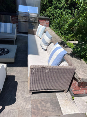 3 Piece Patio Set-- Restoration Hardware Sofa + 2 Mamagreen Kaat Teak Chairs