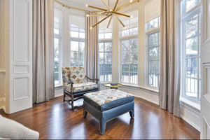 Custom Made Large Armchair with Ottoman- Osborne & Little 'Taza' Linen, Leather/Studded Trim, Stained Dark Grey Frame (*retail price $4,000)