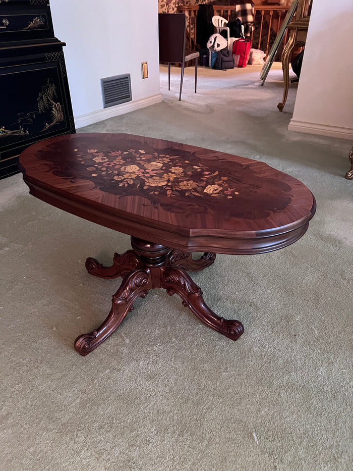 Vintage Wood Coffee Table, Flower Inlay Design