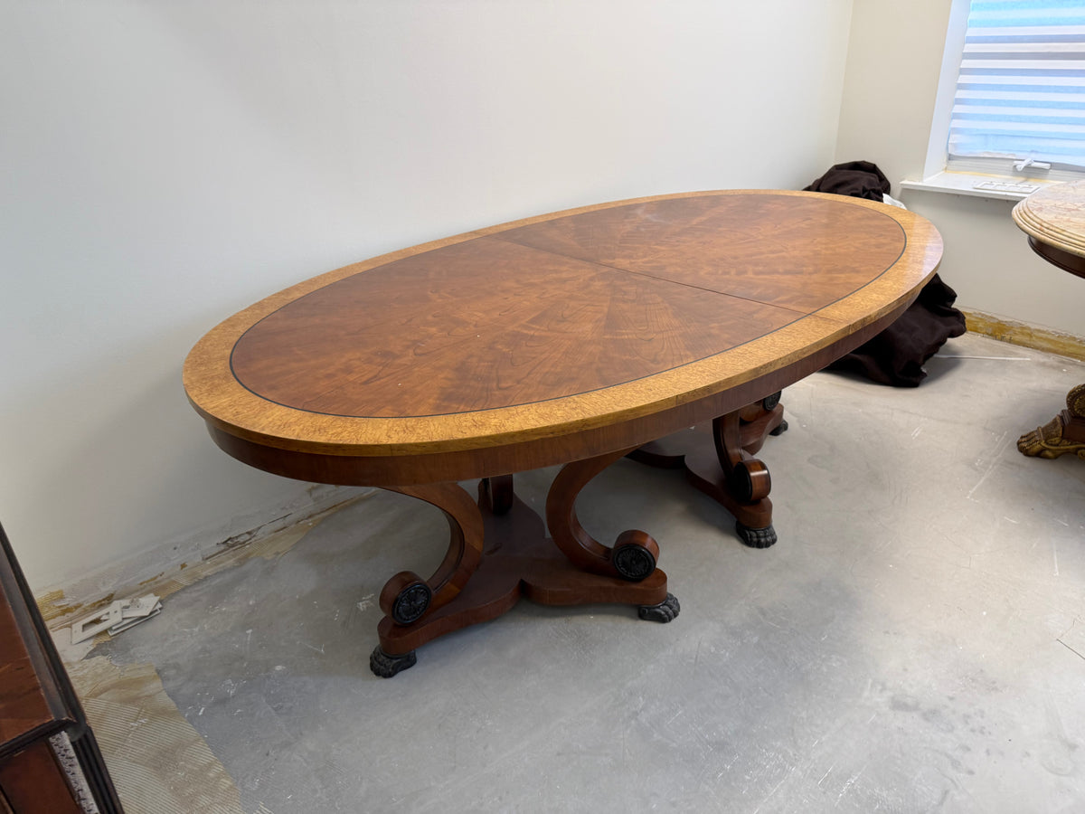 Henredon Regency Burl Wood Double Pedestal Extendable Dining Table
