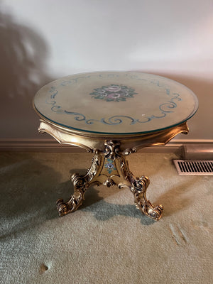 Vintage Gold Side Table with Inlay Design, Glass Top