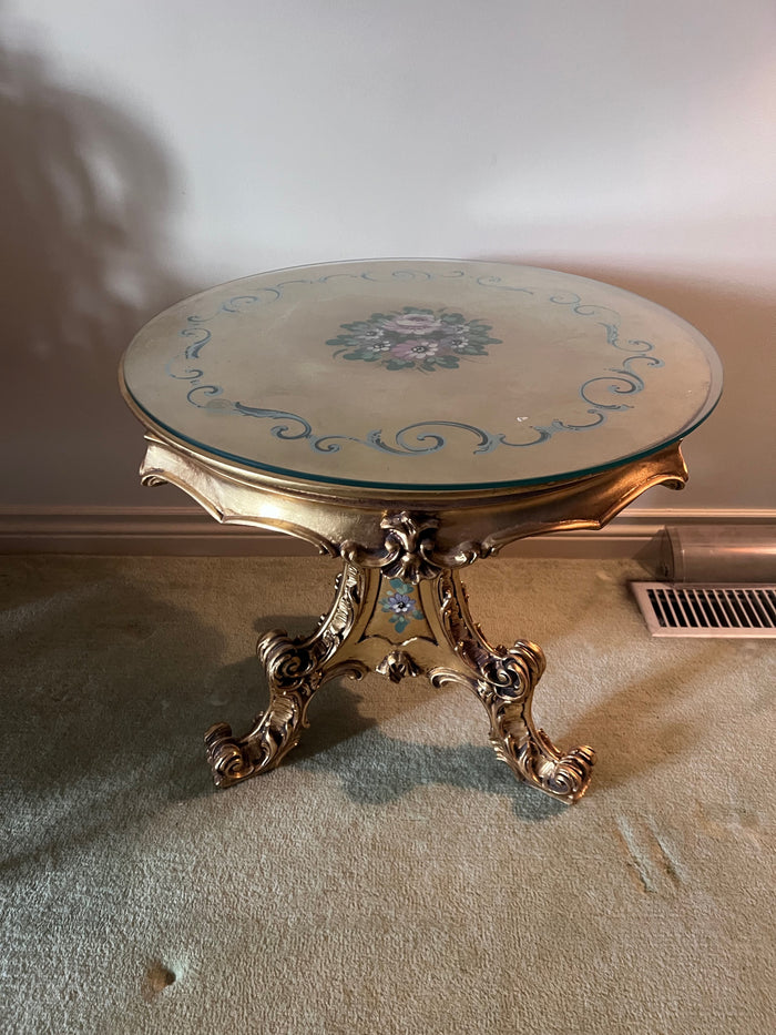 Vintage Gold Side Table with Inlay Design, Glass Top