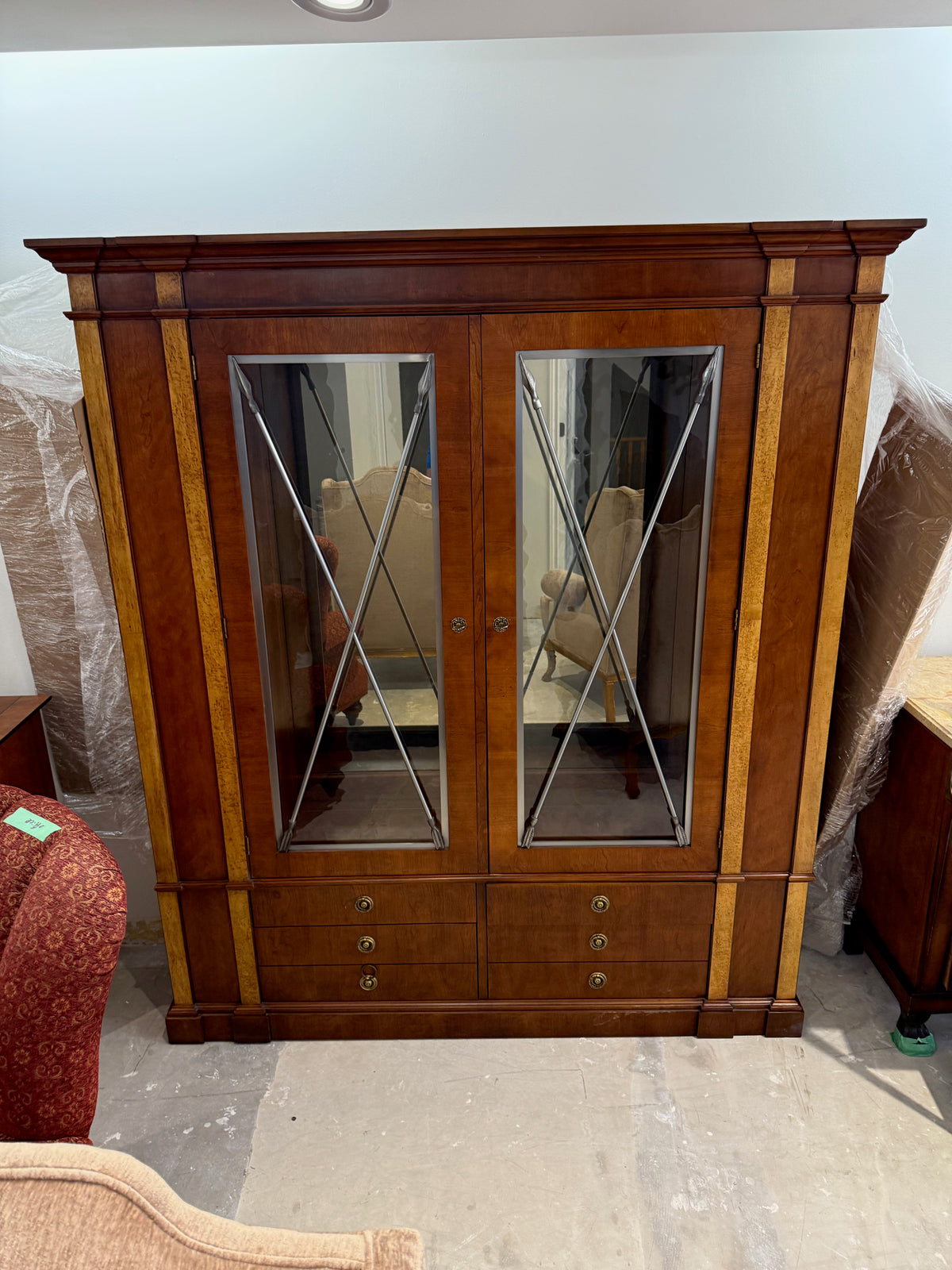 Henredon Neoclassical Cherry and Burl Wood China Display cabinet