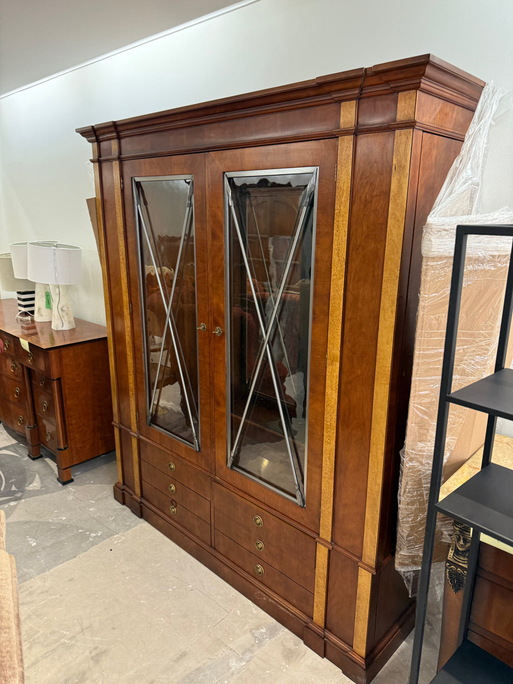 Henredon Neoclassical Cherry and Burl Wood China Display cabinet