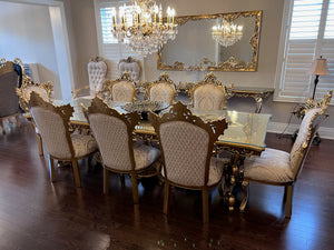 Beautiful 'Paradise Home Decor Furniture' Gold Wood Carved Dining Table + 8 Matching Chairs, Console Table & Mirrors