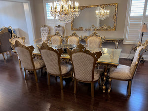 Beautiful 'Paradise Home Decor Furniture' Gold Wood Carved Dining Table + 8 Matching Chairs, Console Table & Mirrors