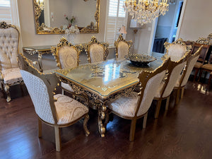 Beautiful 'Paradise Home Decor Furniture' Gold Wood Carved Dining Table + 8 Matching Chairs, Console Table & Mirrors