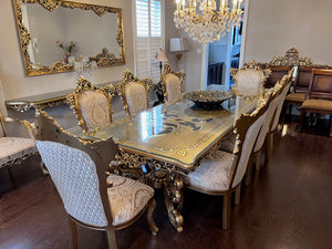 Beautiful 'Paradise Home Decor Furniture' Gold Wood Carved Dining Table + 8 Matching Chairs, Console Table & Mirrors