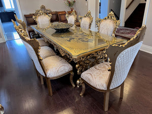 Beautiful 'Paradise Home Decor Furniture' Gold Wood Carved Dining Table + 8 Matching Chairs, Console Table & Mirrors