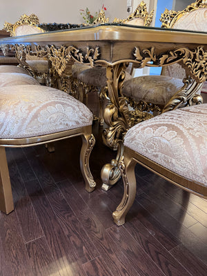 Beautiful 'Paradise Home Decor Furniture' Gold Wood Carved Dining Table + 8 Matching Chairs, Console Table & Mirrors