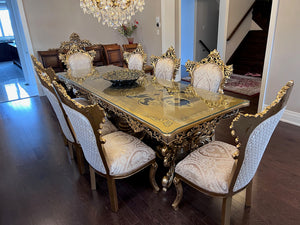 Beautiful 'Paradise Home Decor Furniture' Gold Wood Carved Dining Table + 8 Matching Chairs, Console Table & Mirrors