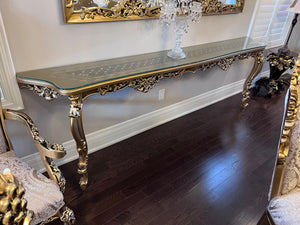 Beautiful 'Paradise Home Decor Furniture' Gold Wood Carved Dining Table + 8 Matching Chairs, Console Table & Mirrors
