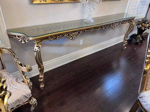 Beautiful 'Paradise Home Decor Furniture' Gold Wood Carved Dining Table + 8 Matching Chairs, Console Table & Mirrors