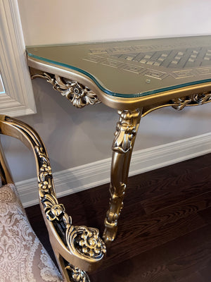 Beautiful 'Paradise Home Decor Furniture' Gold Wood Carved Dining Table + 8 Matching Chairs, Console Table & Mirrors