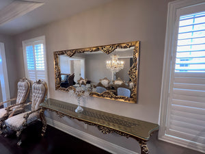 Beautiful 'Paradise Home Decor Furniture' Gold Wood Carved Dining Table + 8 Matching Chairs, Console Table & Mirrors