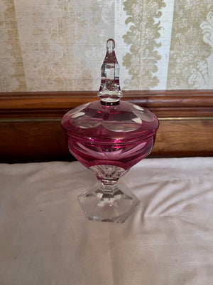 Signed Cranberry Crystal Lidded Dish