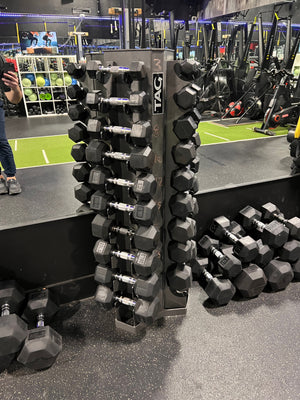 Tag Fitness Dumbbell Rack, with Dumbbells- 3lb, 5lb, 8lb, 10lb, 12lb, 15lb, 17.5lb, 20lb, 25lb, 30lb (*5 sets available)