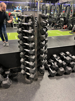 Tag Fitness Dumbbell Rack, with Dumbbells- 3lb, 5lb, 8lb, 10lb, 12lb, 15lb, 17.5lb, 20lb, 25lb, 30lb (*5 sets available)