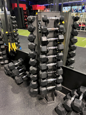 Tag Fitness Dumbbell Rack, with Dumbbells- 3lb, 5lb, 8lb, 10lb, 12lb, 15lb, 17.5lb, 20lb, 25lb, 30lb (*5 sets available)