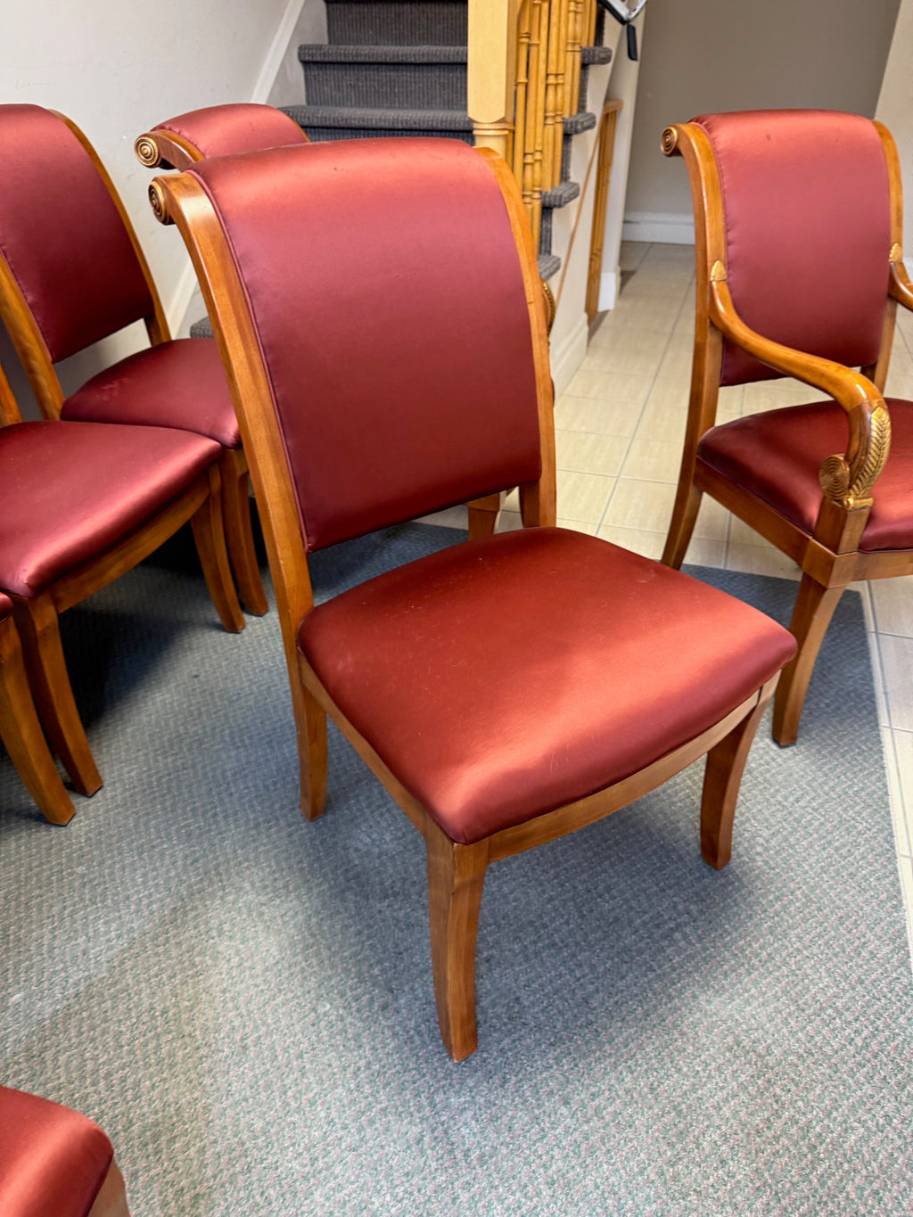 Set of 8 Henredon French Empire Carved Walnut and Giltwood Dining Chairs