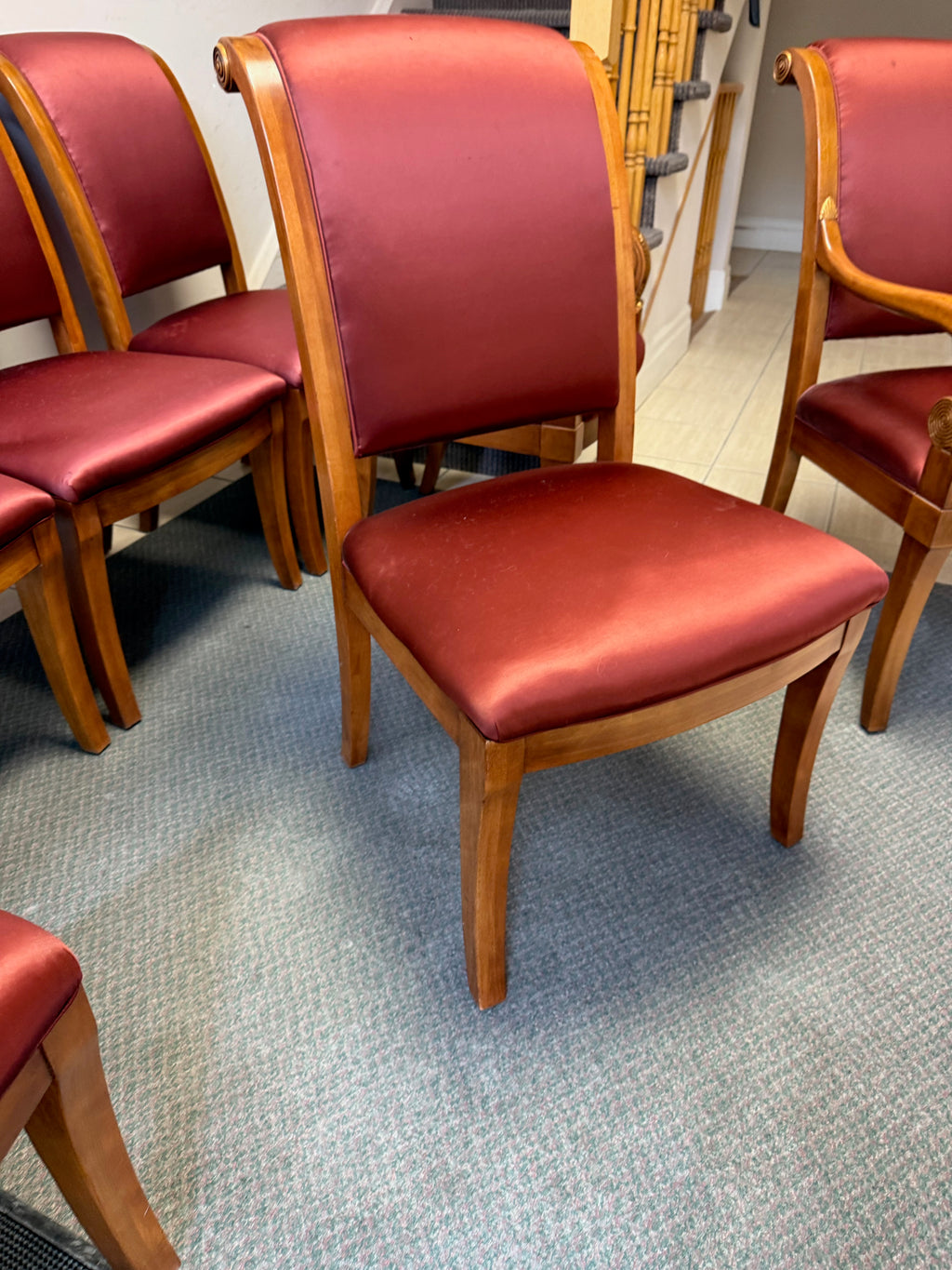 Set of 8 Henredon French Empire Carved Walnut and Giltwood Dining Chairs