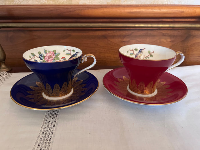 Pair of Aynsley Pembroke Blue and Red Corset Teacups