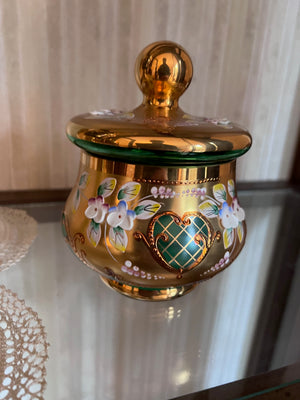Bohemian Czech Crystal Green Lidded Dish