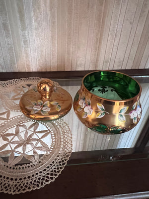 Bohemian Czech Crystal Green Lidded Dish