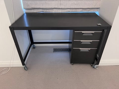 CB2 GO-CART BLACK METAL DESK ON WHEELS, with 3 Drawer Filing Cabinet