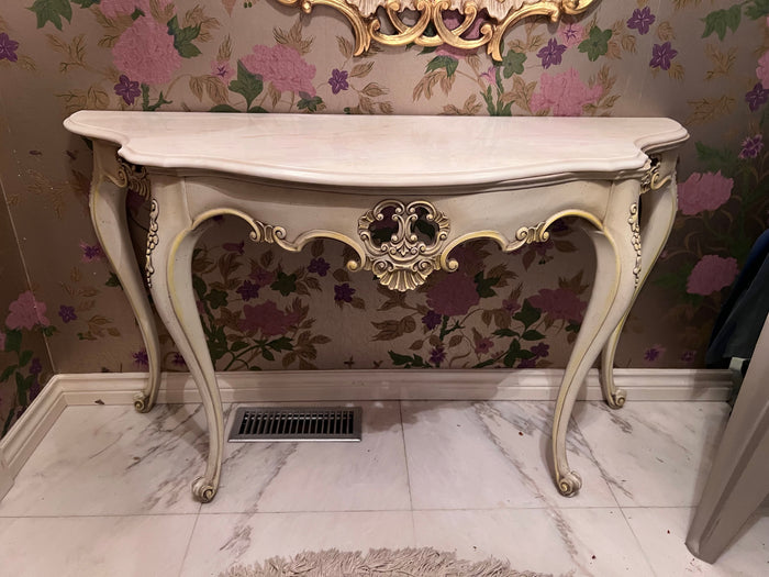 Ornate White Marble Top Console Table, Made in Portugal