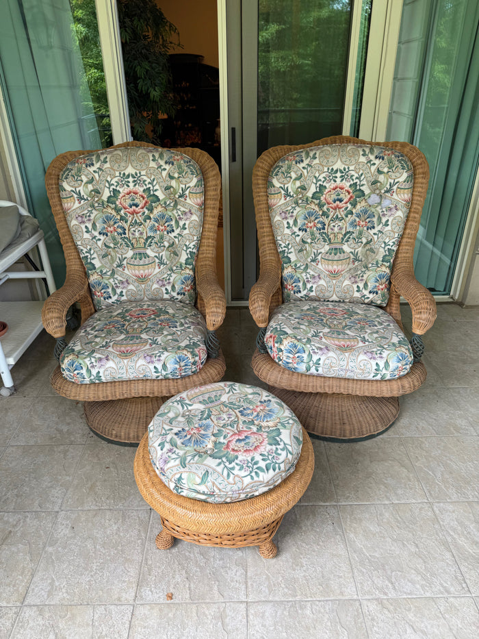 Pair of Outdoor Wicker Lounge Chairs +1 Footstool